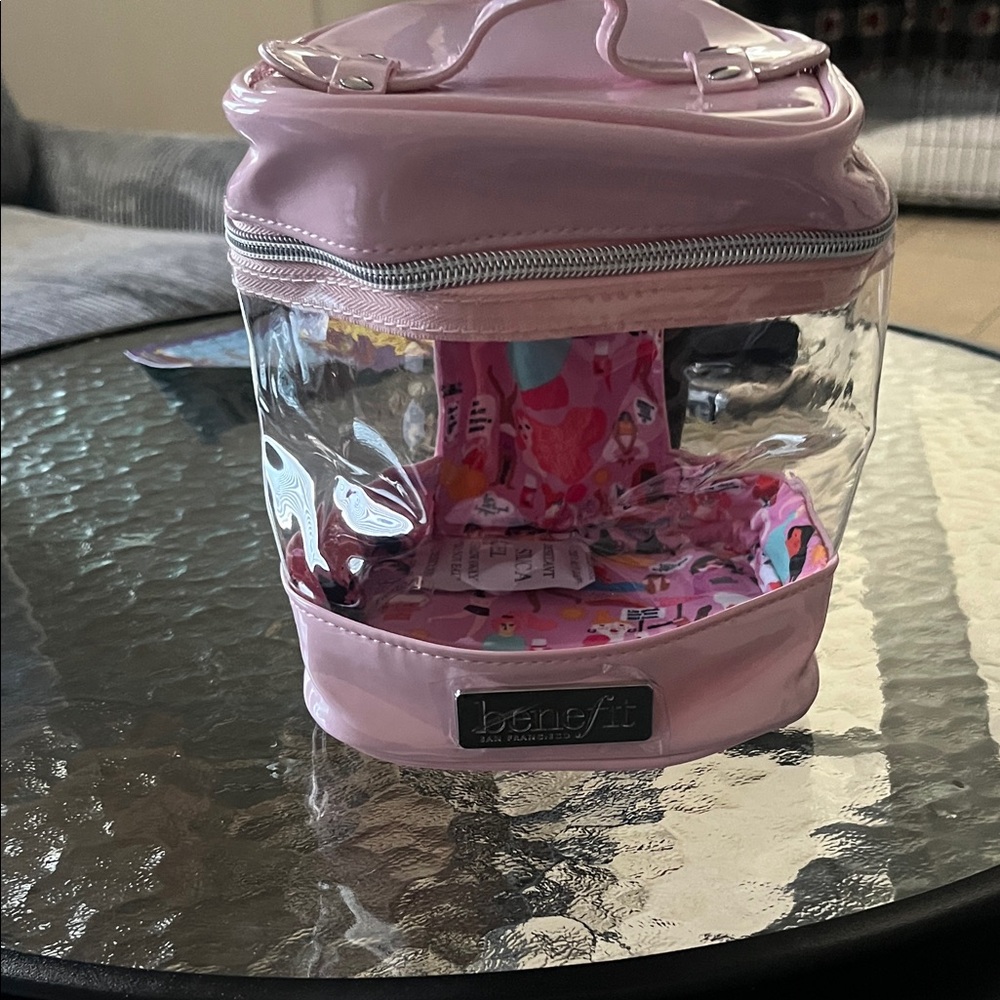 Benefit Pink Clear Round Makeup Case with Handle